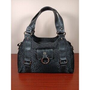 Etienne Aigner Logo Double Handle Shoulder Bag Black Fabric Leather EUC